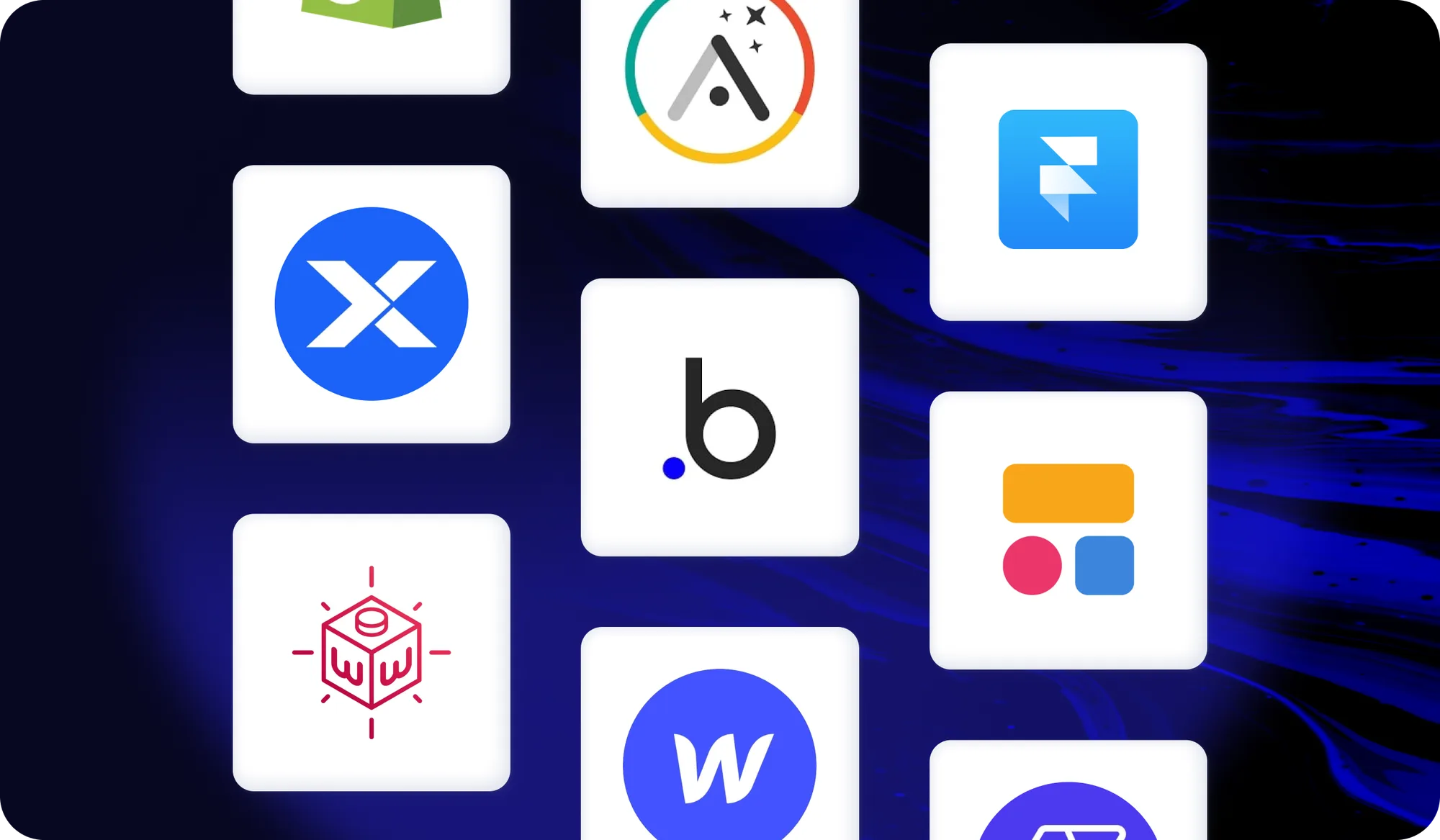 Logos of popular app and website builders, including Framer and a blue W icon, on white tiles against a dark blue background
