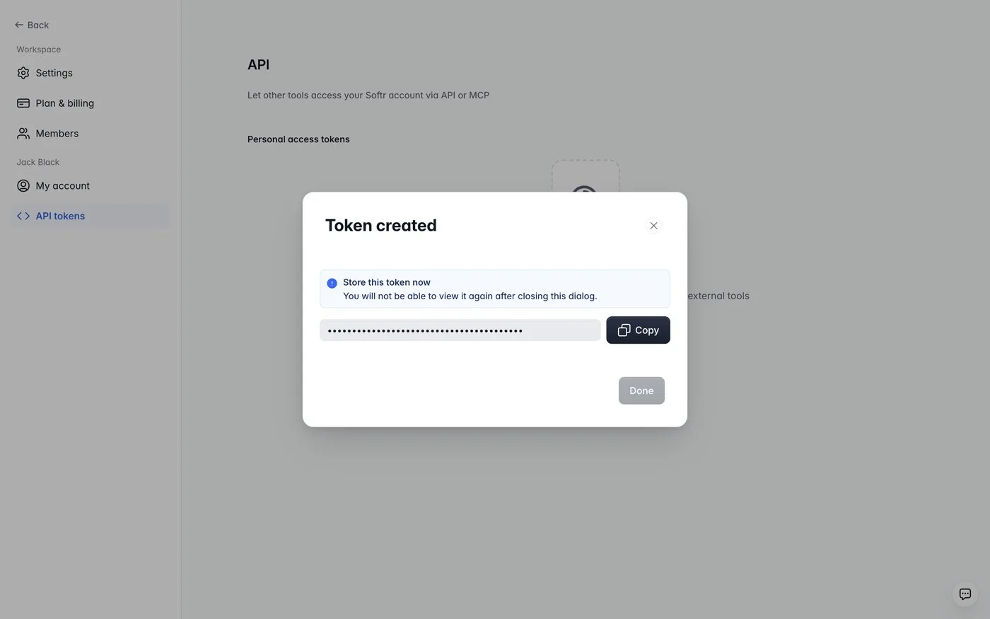 Softr's Token created dialog with a Copy button