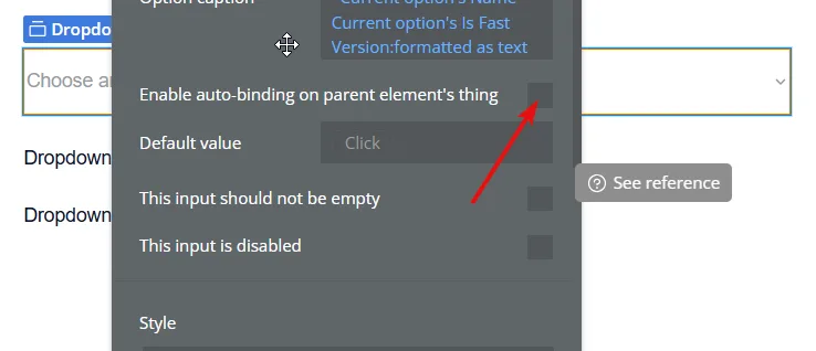 Bubble dropdown settings with an arrow pointing to the unchecked 'Enable auto-binding on parent element's thing' option
