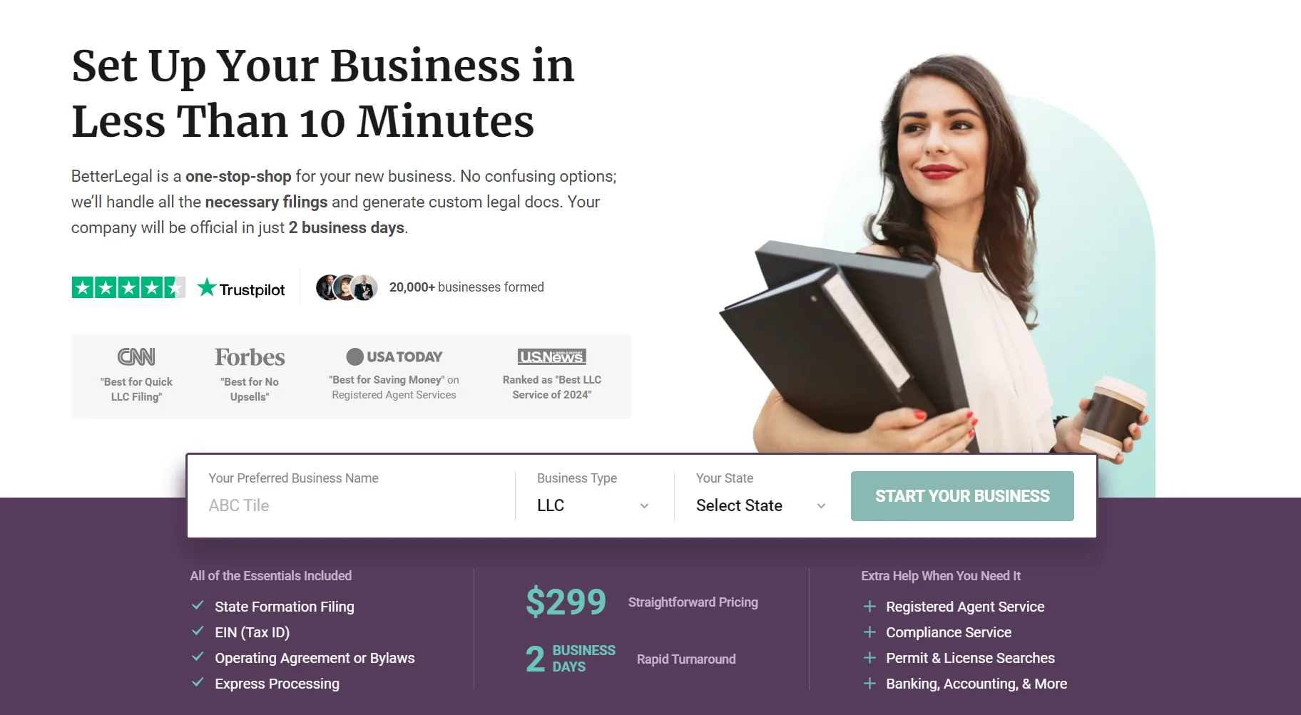 Homepage van BetterLegal: bedrijf oprichten in minder dan 10 minuten, vaste prijs $299 en klaar in 2 werkdagen