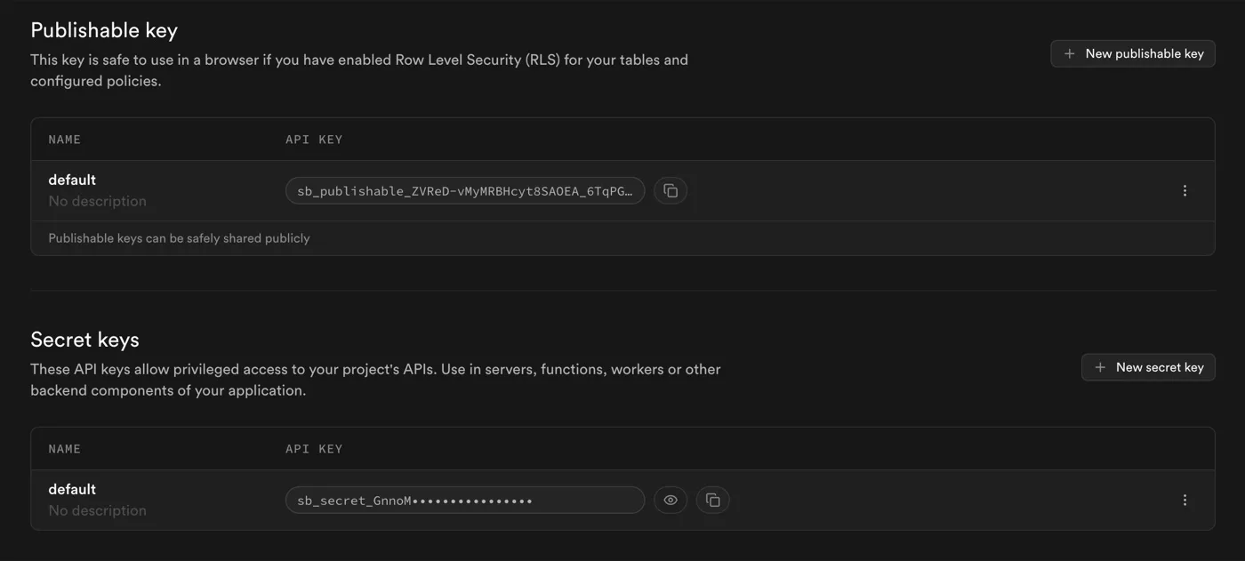 Supabase API keys screen with a publishable key and a secret key