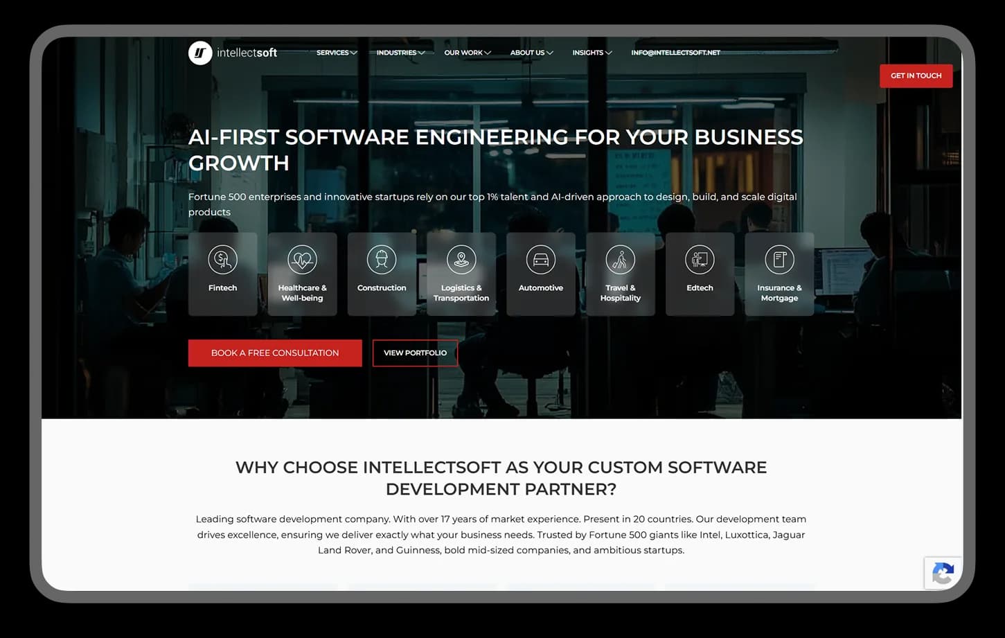 Intellectsoft homepage hero: "AI-first software engineering for your business growth" with industry tiles from fintech to insurance