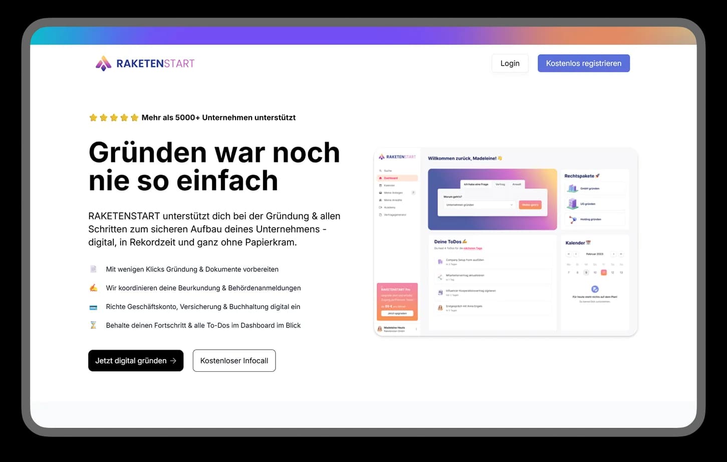 Raketenstart-homepage 'Gründen war noch nie so einfach' met dashboardvoorbeeld met to-do's, agenda en juridische pakketten