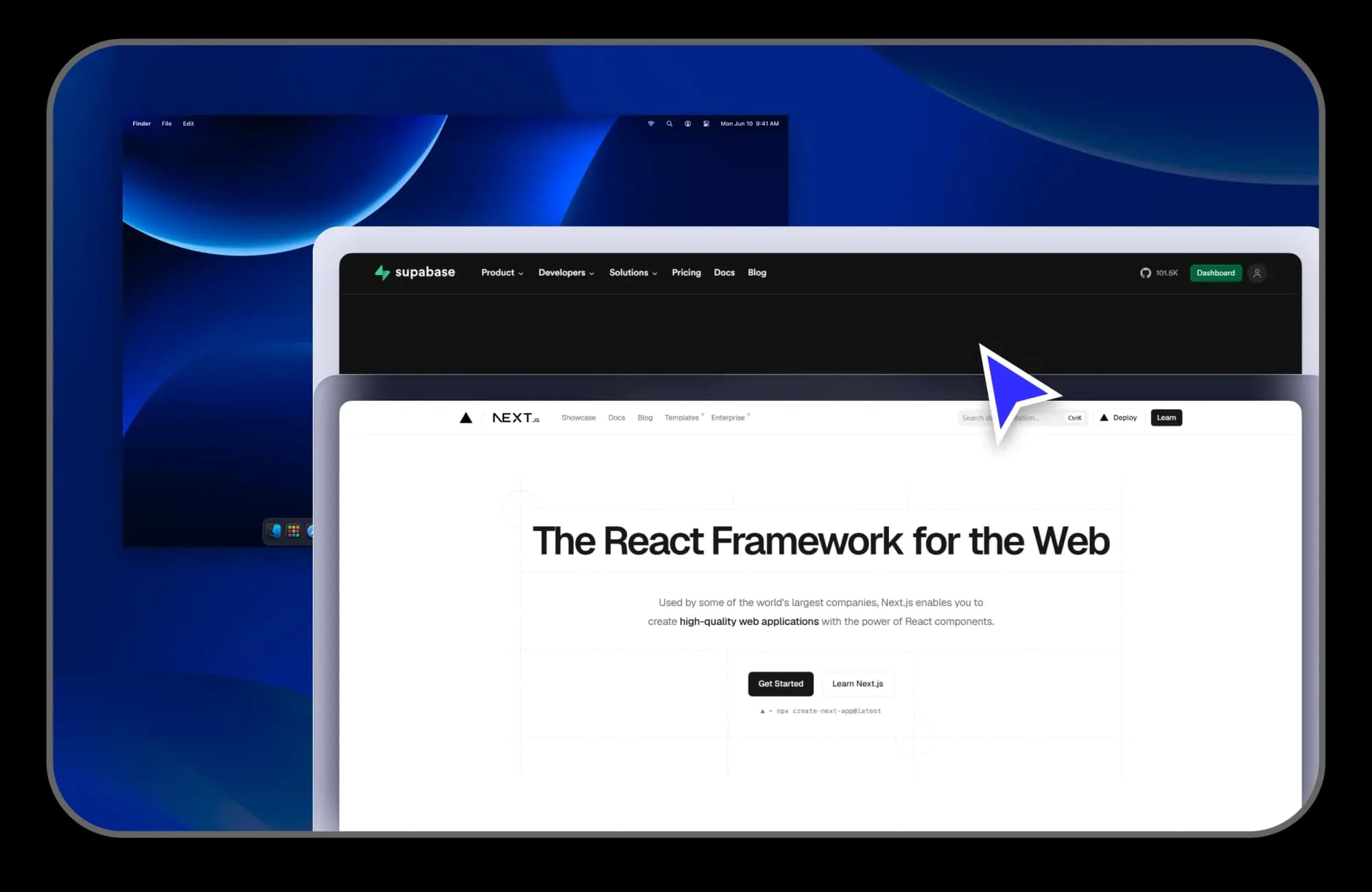 Next.js and Supabase websites in overlapping browser windows