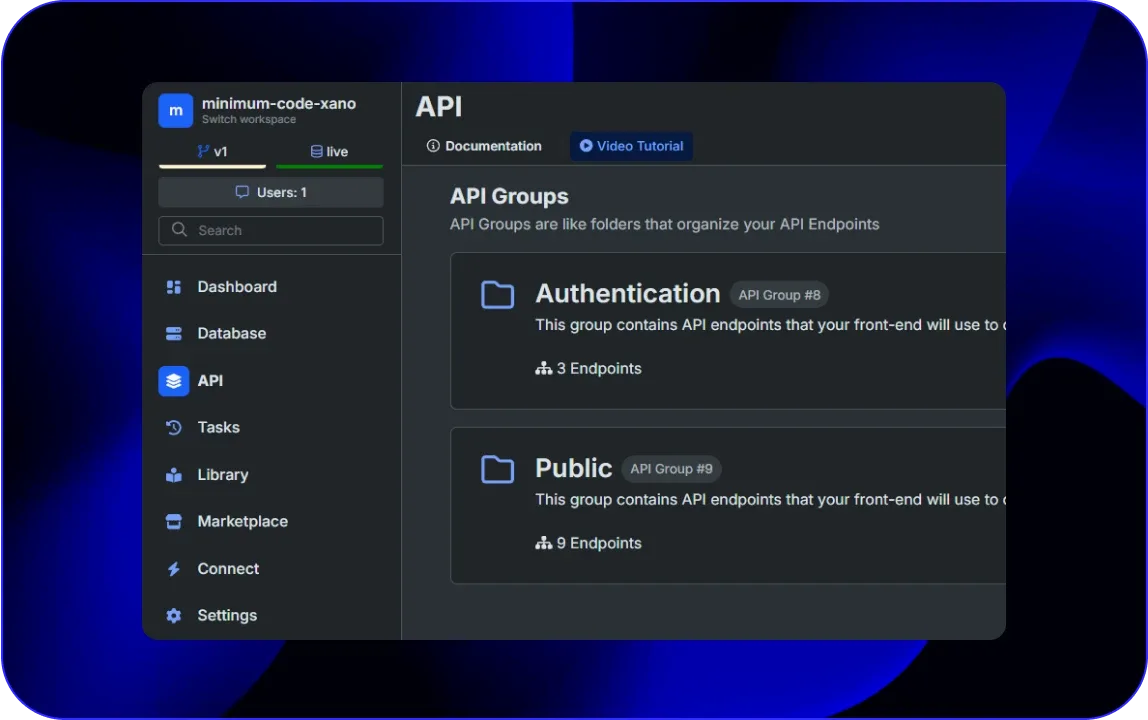 Xano API groups and authentication configuration