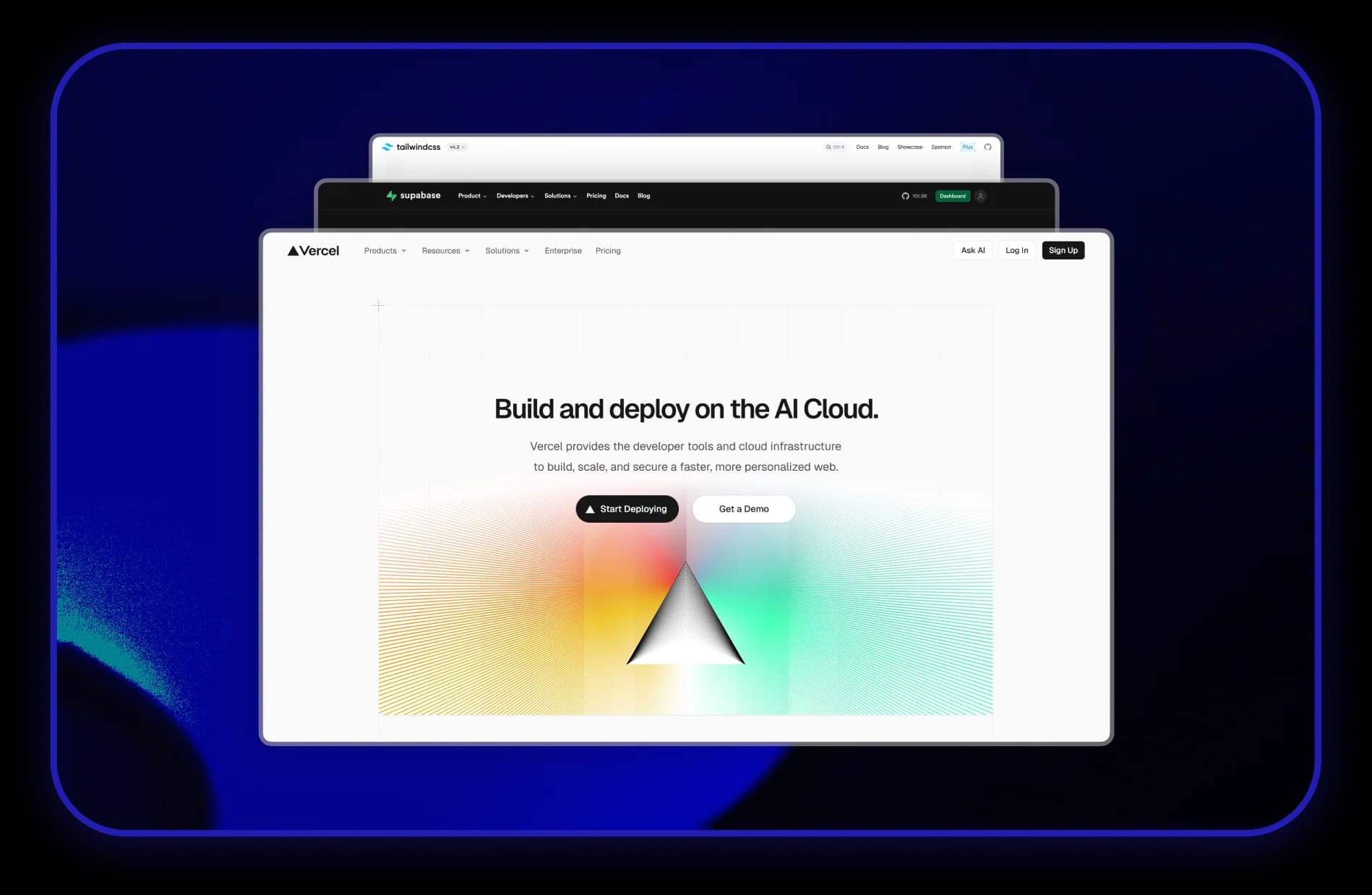 Vercel-, Next.js- en Supabase-websites in browservensters