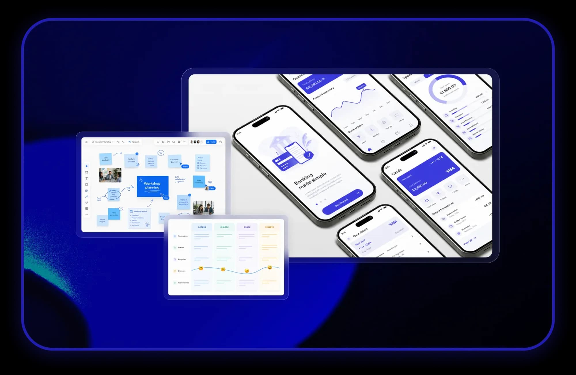 Product planning boards and mobile app interface designs