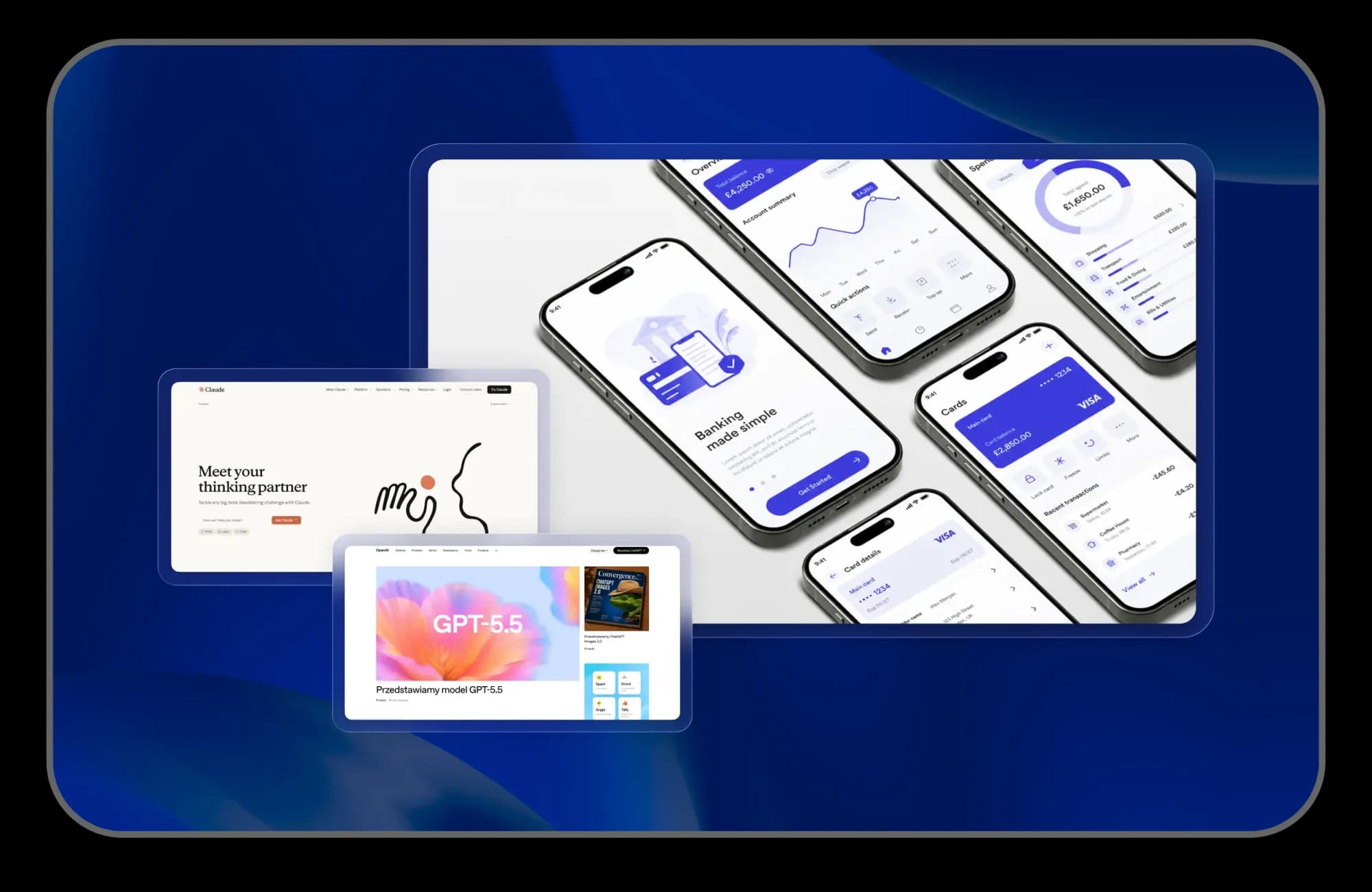 Mobiele productontwerpen naast Claude- en OpenAI-websites