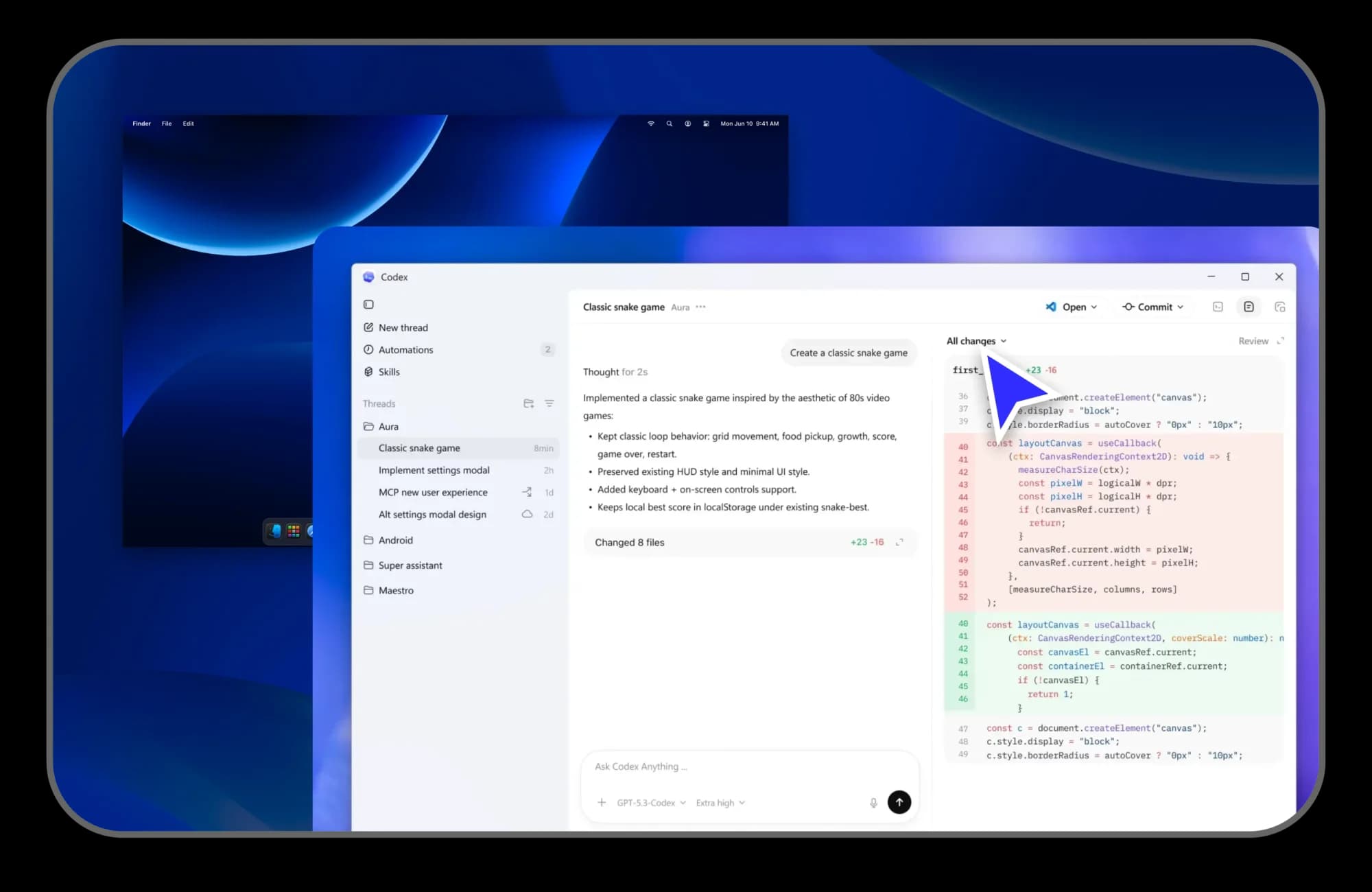 AI-assisted development workspace with conversation and code panels