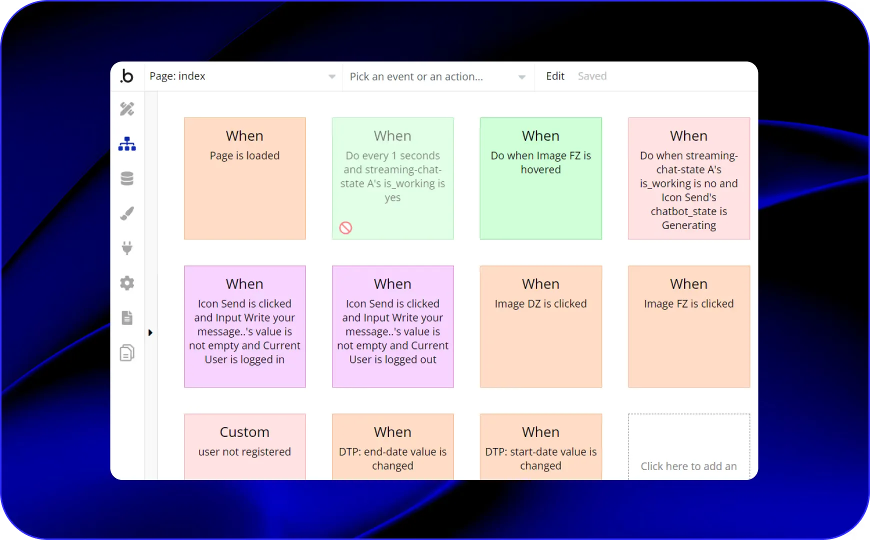 Bubble workflow editor with event and action cards