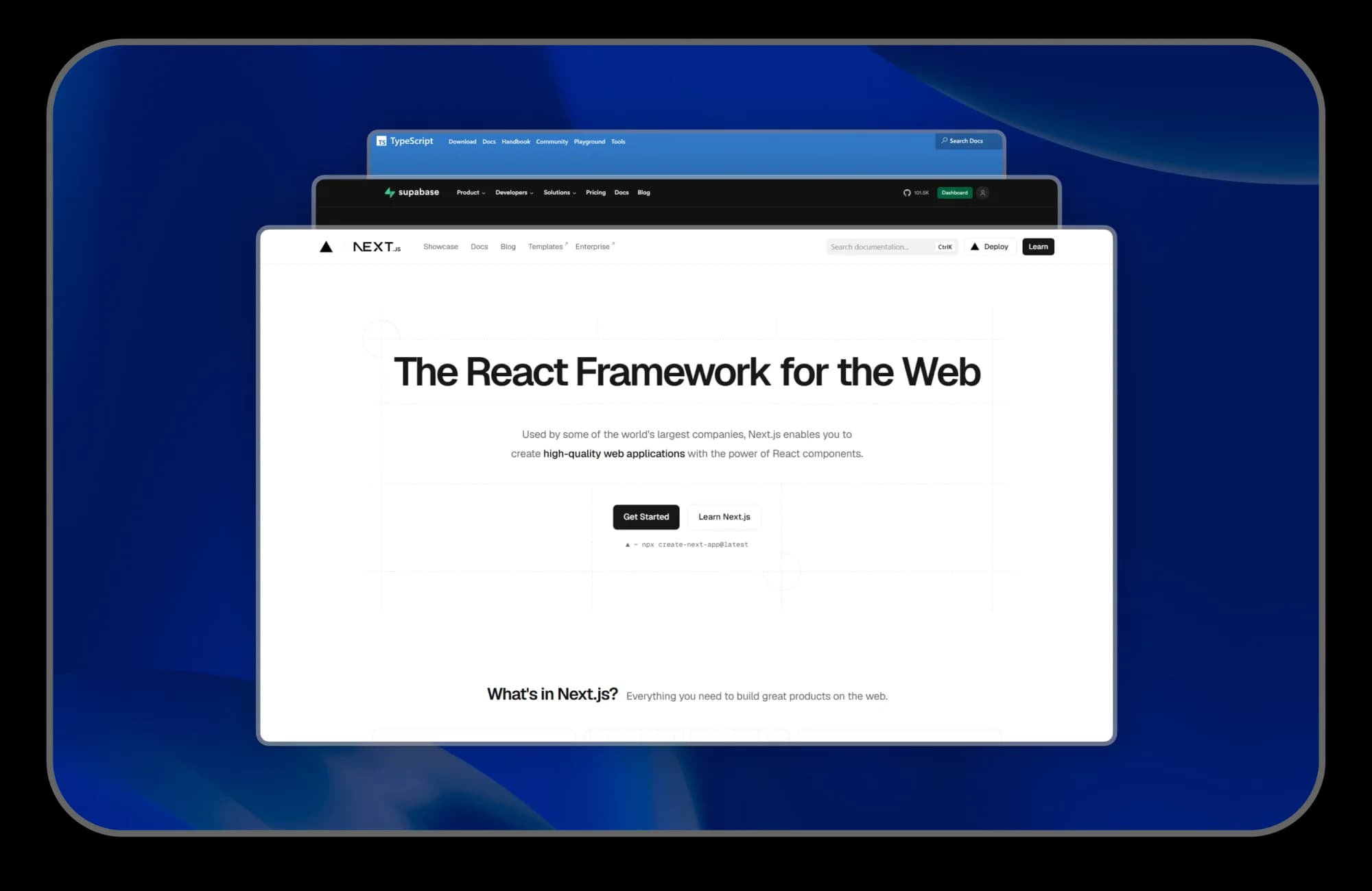 Next.js, React and Supabase websites in browser windows