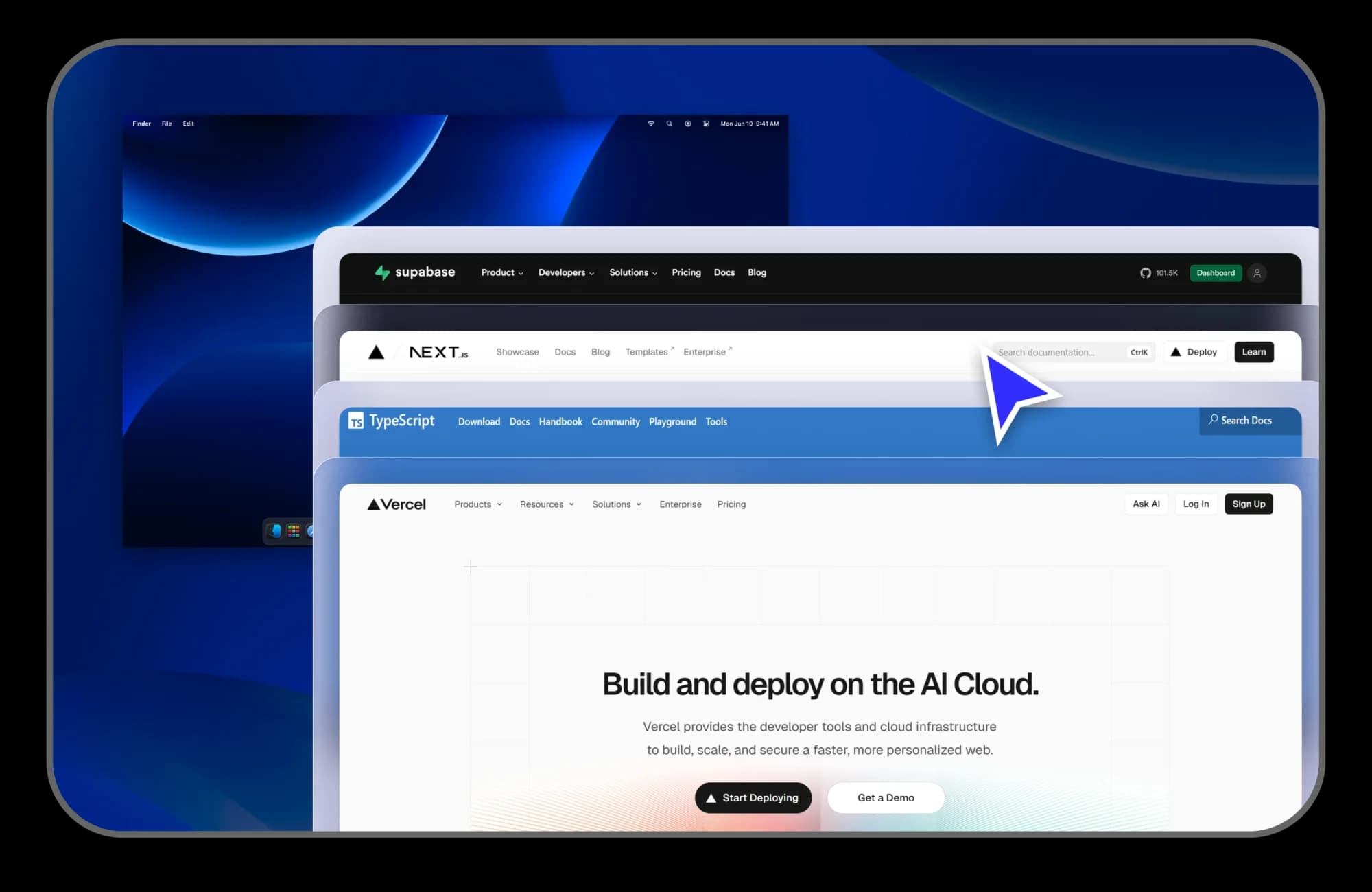 Vercel, React, Next.js and Supabase websites in browser windows