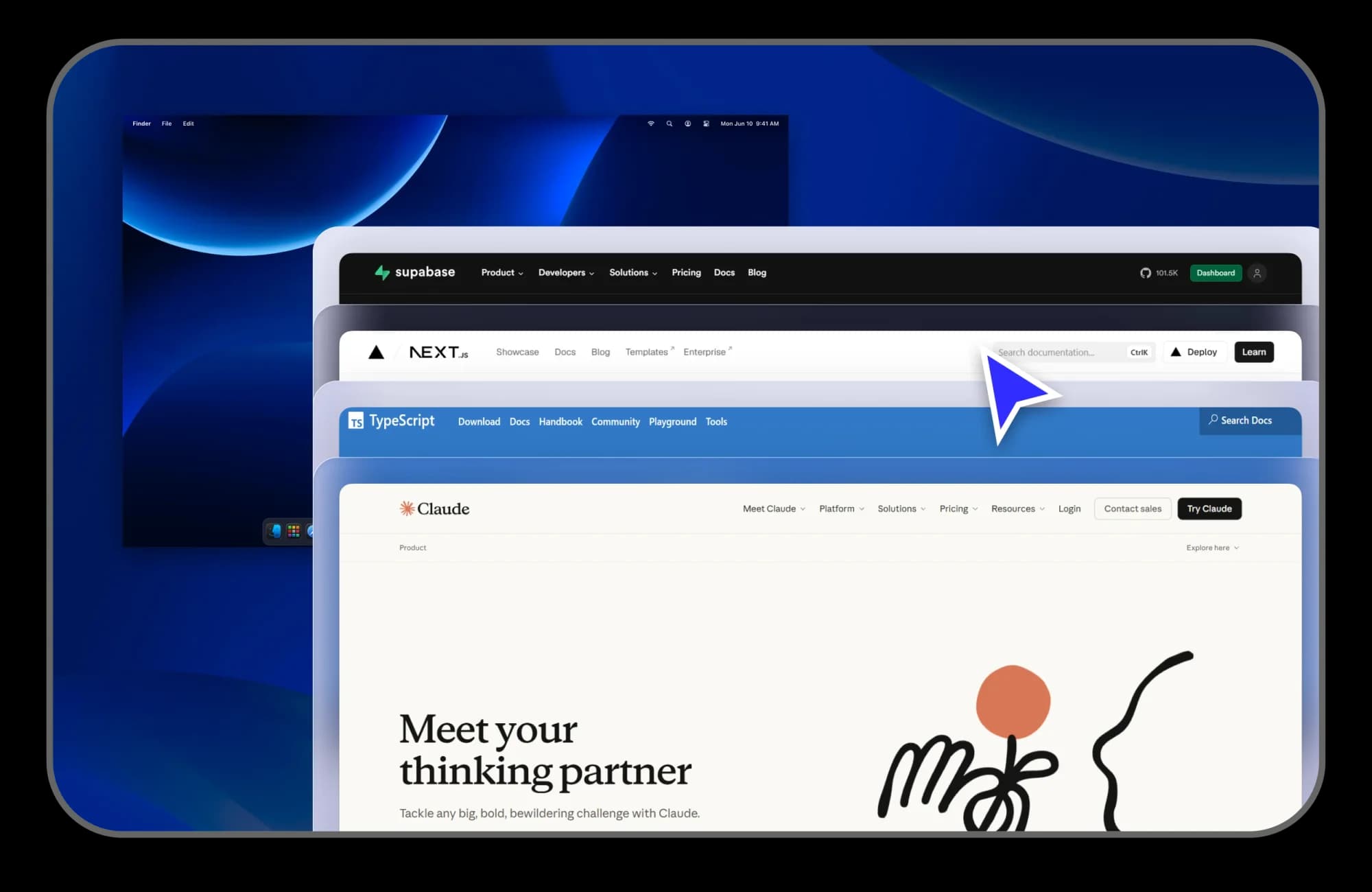 Claude, React, Next.js and Supabase websites in browser windows