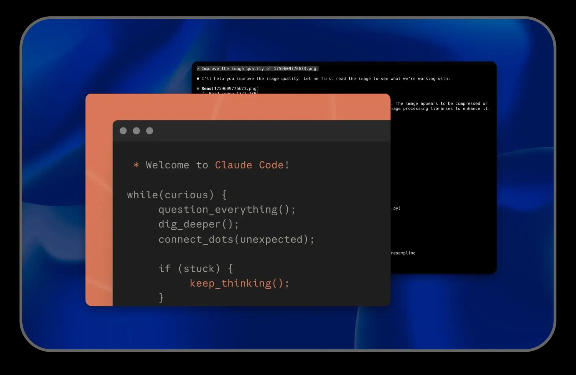 Claude Code terminal and code example in overlapping windows