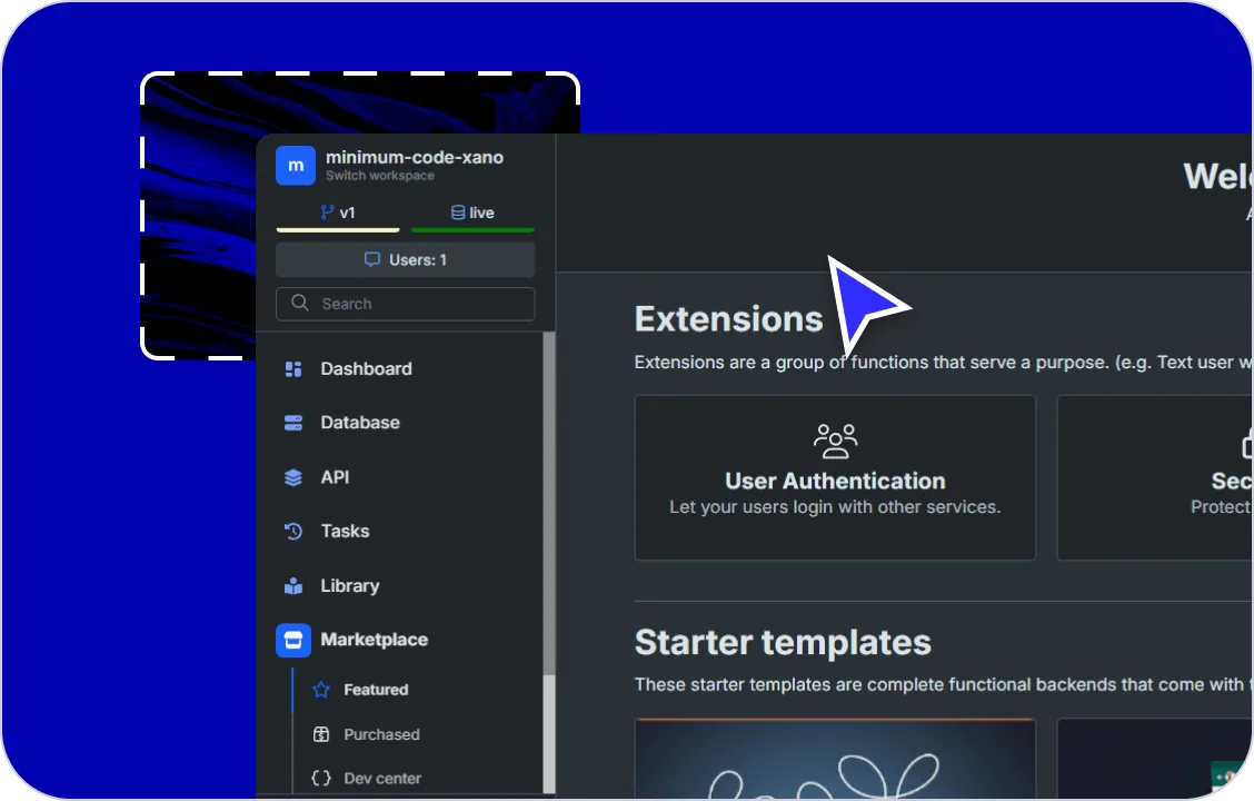 Xano workspace with authentication extensions and starter templates