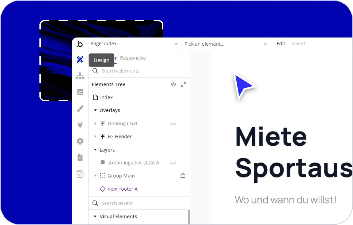 Visuele Bubble-paginaeditor met een verhuurapp voor sportmateriaal