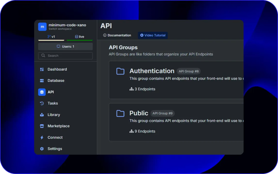 Xano-API-Gruppen und Authentifizierungskonfiguration