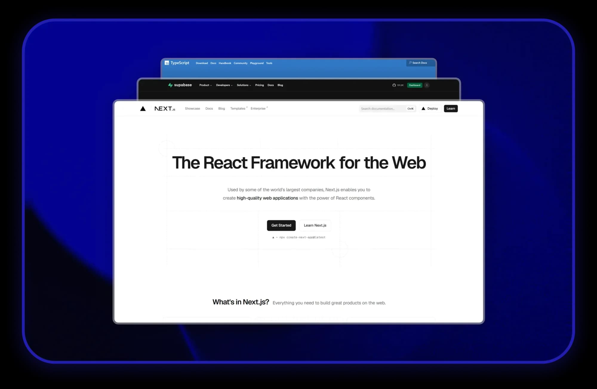 Next.js, React and Supabase websites in browser windows