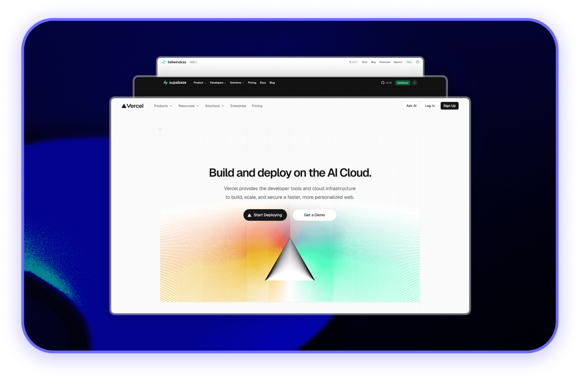 Vercel, Next.js and Supabase websites in browser windows