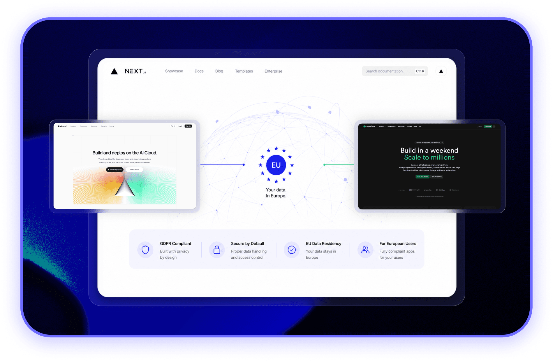 European hosting and security illustration with Next.js, Vercel and Supabase