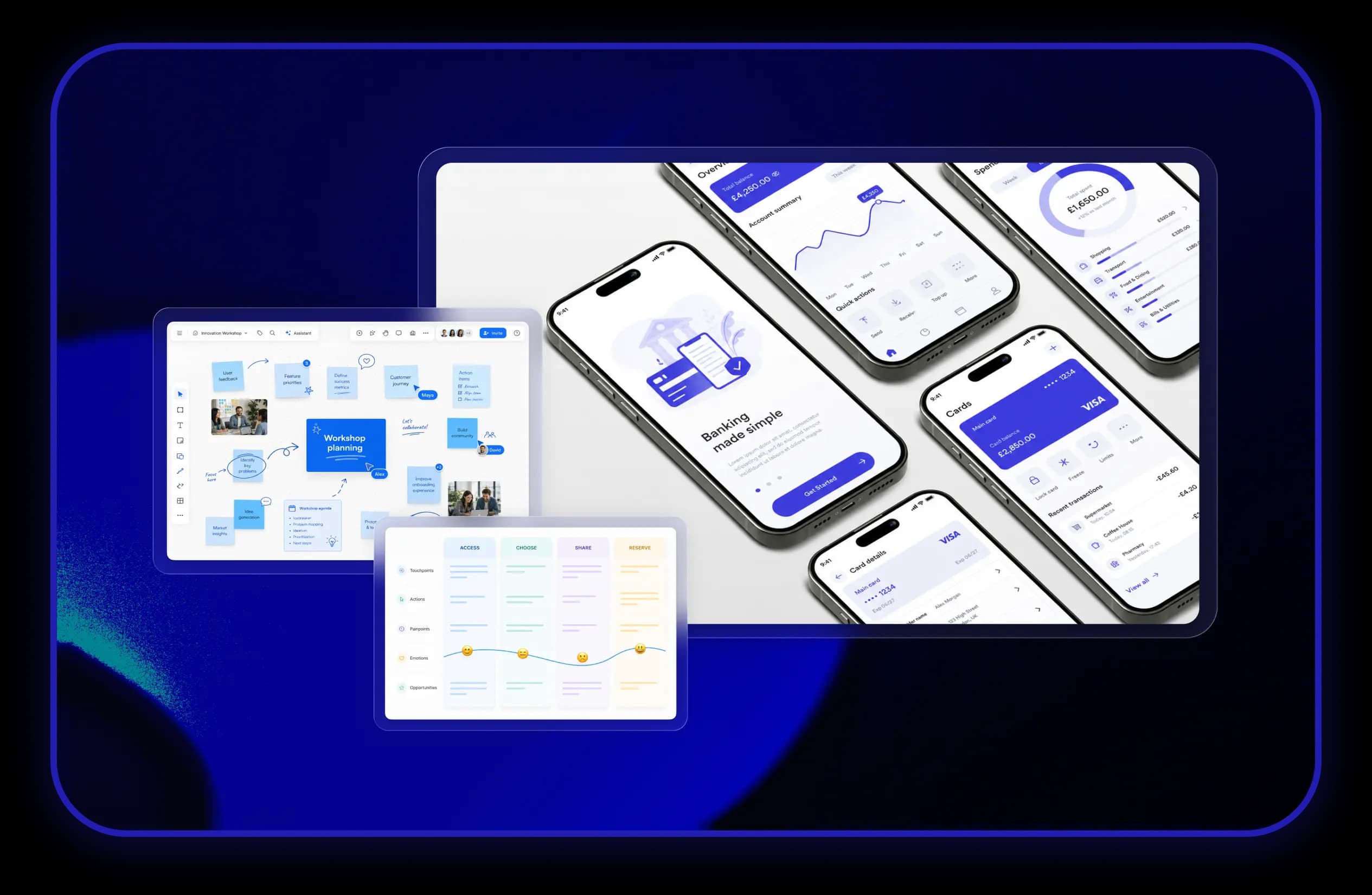 Product planning boards and mobile app interface designs