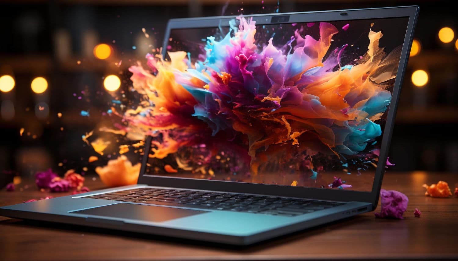 Laptop, aus dessen Bildschirm ein Schwall bunter Farbe herausbricht, als Bild für Kreativität in der Produktentwicklung