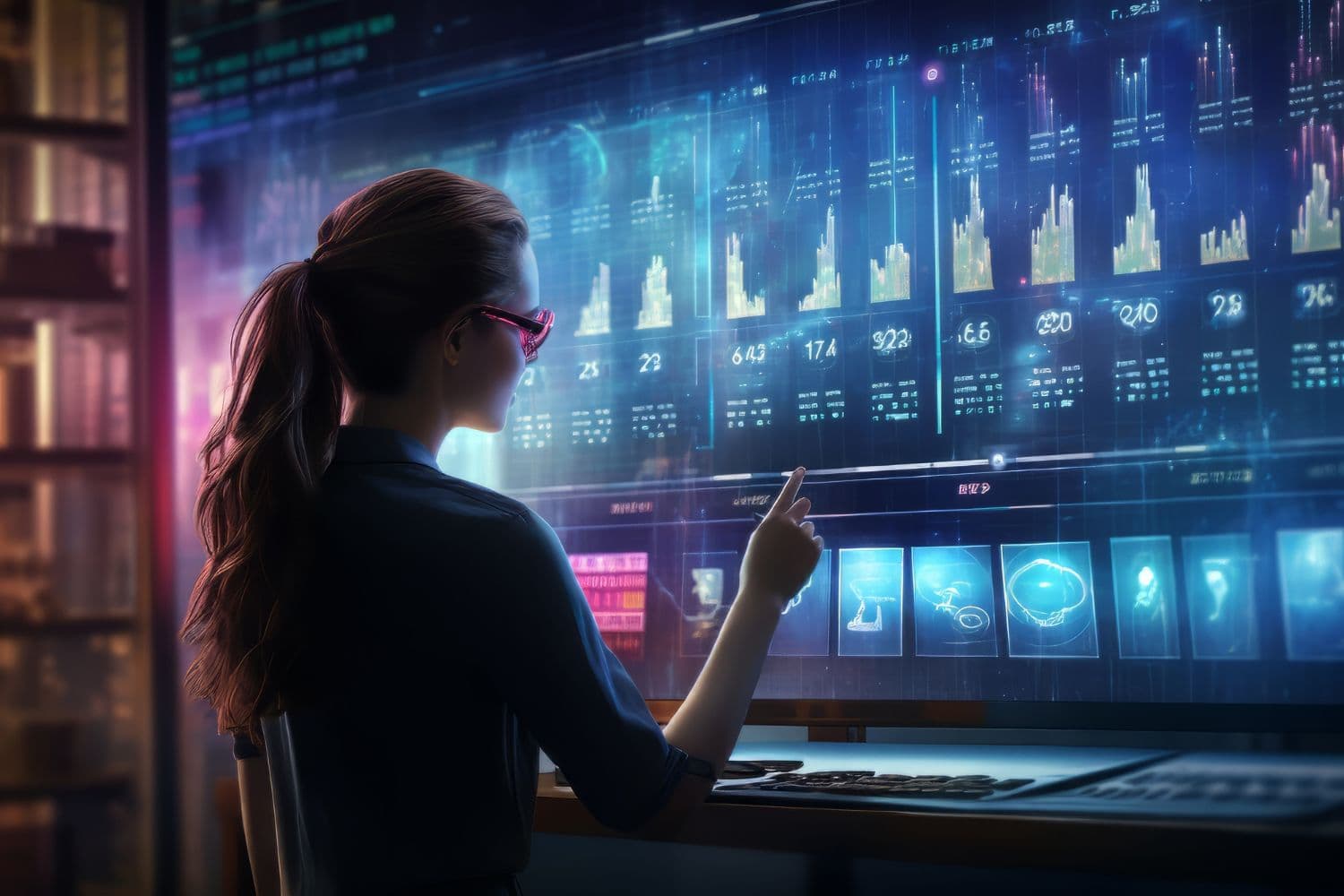 Frau mit Pferdeschwanz, die einen großen futuristischen Bildschirm mit Balkendiagrammen und Kennzahlen berührt, als Bild für die Analyse von Produktdaten